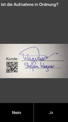 Screenshot der App: Kontrolle der Qualitt der Aufnahme der Unterschrift des Kunden