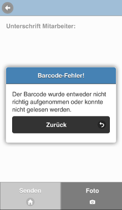 Screenshot der App: Fehlermeldung wegen mangelnder Aufnahmequalitt und dadurch verursachte Probleme mit der Erkennung des Barcodes