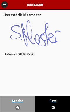 Screenshot der App: Anzeige der Unterschrift des Mitarbeiters auf der Arbeitsflche