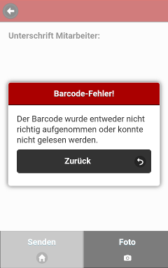 Screenshot der App: Fehlermeldung wegen mangelnder Aufnahmequalitt und dadurch verursachte Probleme mit der Erkennung des Barcodes