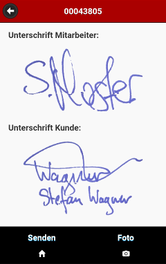 Screenshot der App: ANzeige der Unterschrift des Kunden auf der Abeitsflche