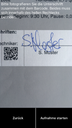 Screenshot der App: Aufnahme der Unterschrift des Mitarbeiters