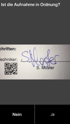 Screenshot der App: Kontrolle der Qualitt der Aufnahme der Unterschrift des Mitarbeiters