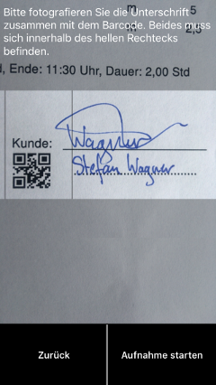Screenshot der App: Aufnahme der Unterschrift des Kunden
