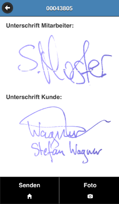 Screenshot der App: ANzeige der Unterschrift des Kunden auf der Abeitsflche